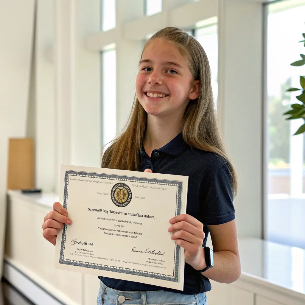 Teen proudly showing a certificate