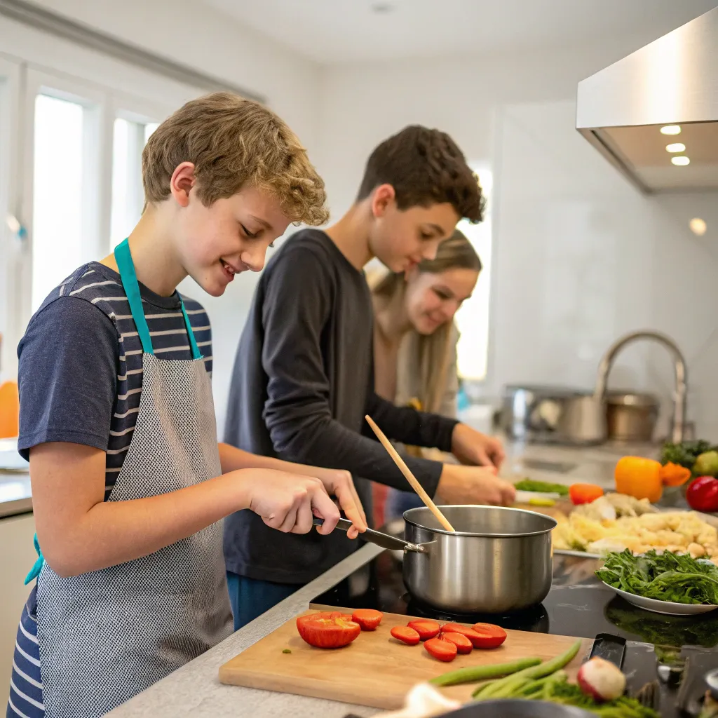 Teenagers cooking in a kitchen